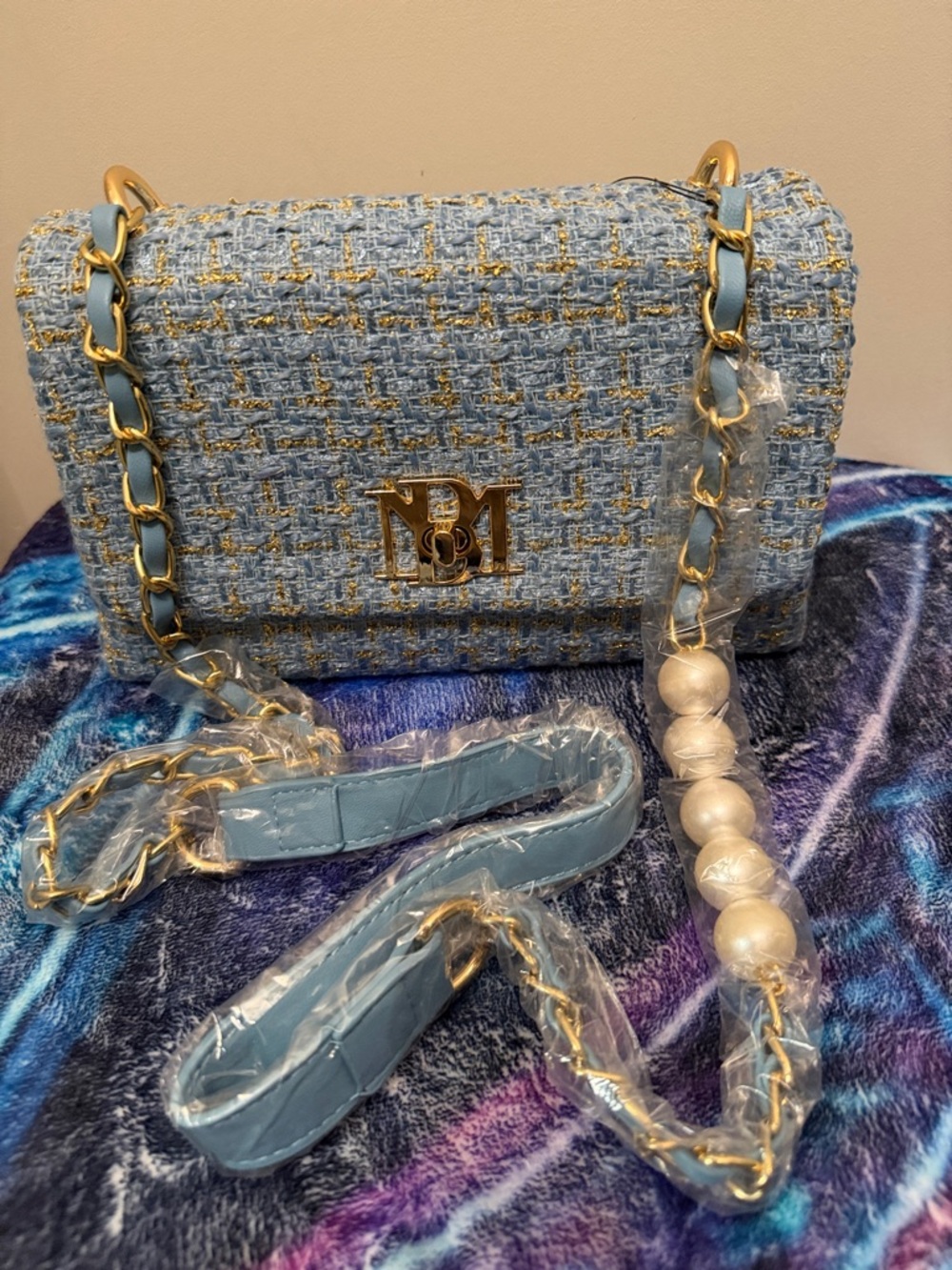 Badgley Mischka Light Blue Tweed Shoulder Bag with Gold Hardware